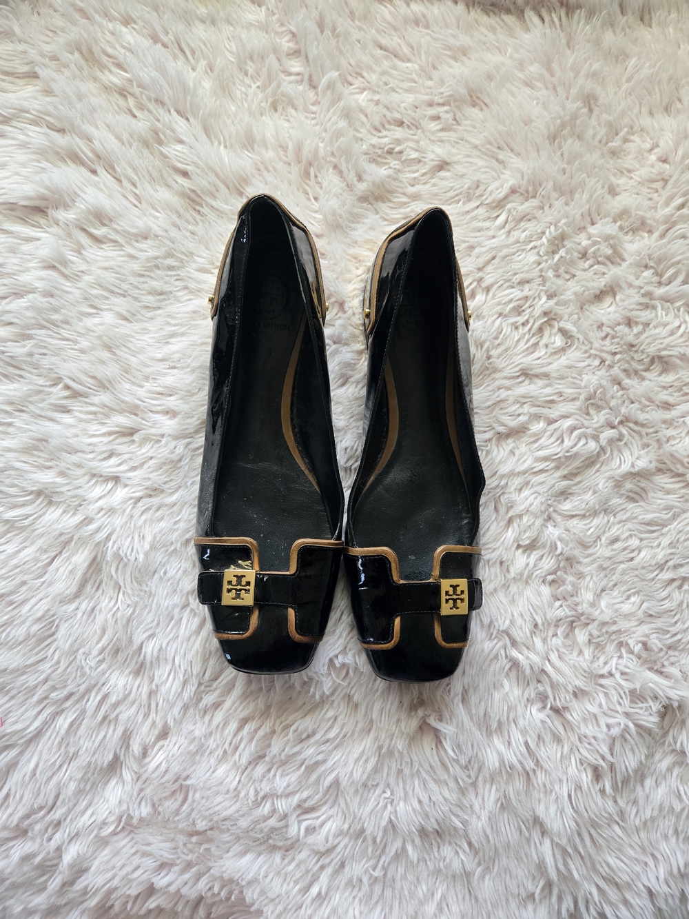 Tory Burch Black Patent Leather Square-Toe Logo Flats with Gold Trim
